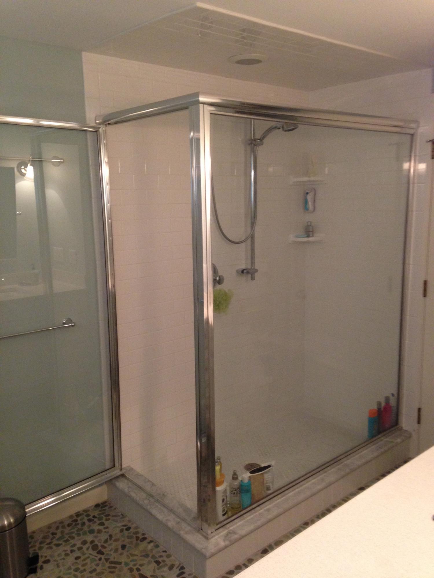 Bathroom remodel, rebuilt shower in new footprint (shower door installed by Grow Glass Co.)